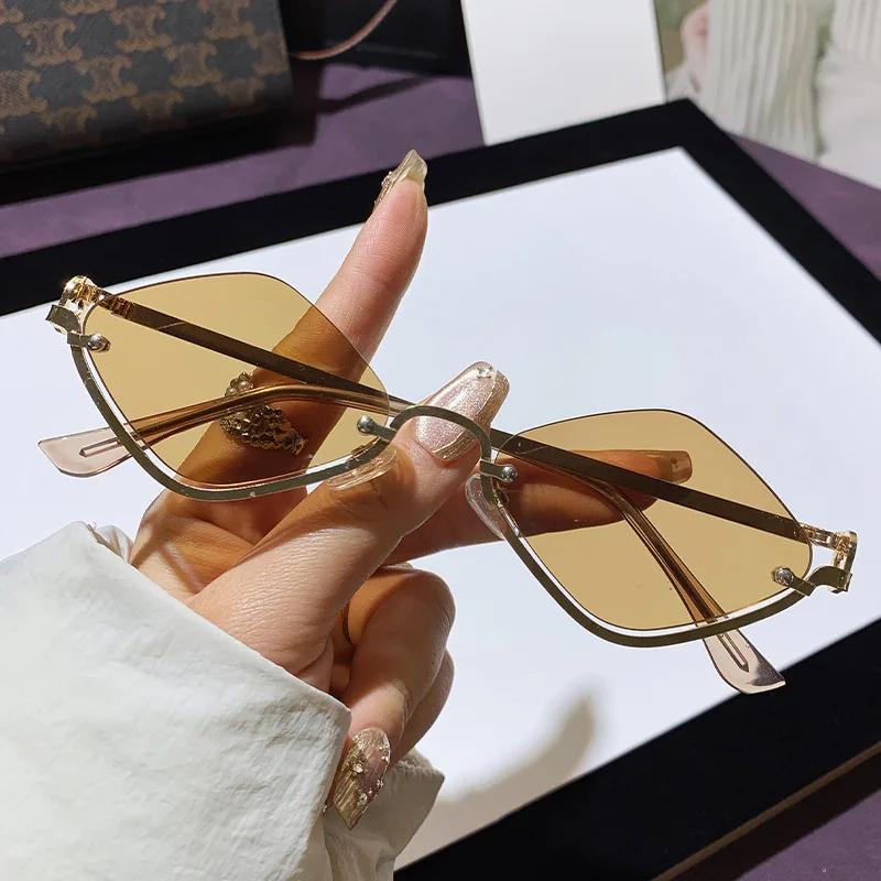Metal Women Simple Trend Sunglasses Men New Half Frame Diamond Shaped Sunglasses Dopamine Small Frame Outdoor Sunglasses