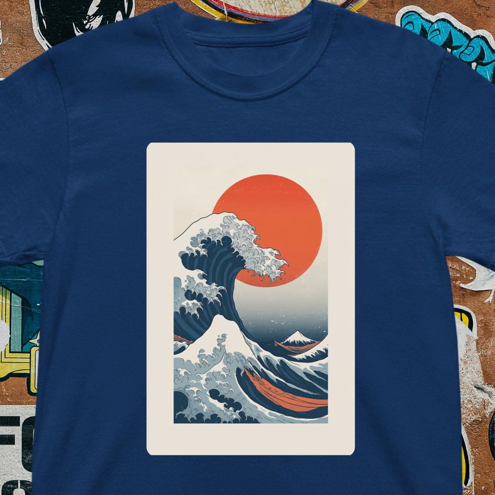 Japanese Wave T-Shirt Great Wave Off Kanagawa Red Sun Ukiyo-e Style Retro Japan S