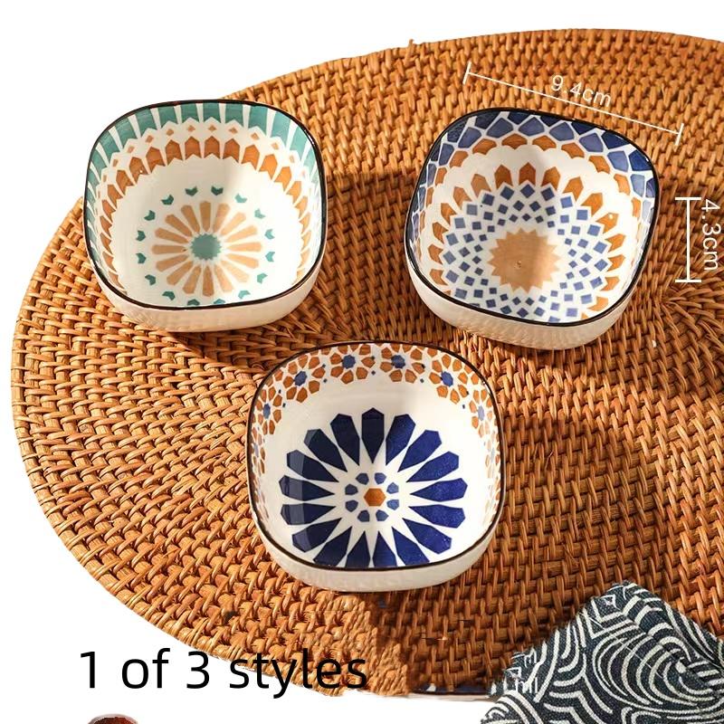 

Bohemian style ceramic bowl household sauce bowl small square bowl Japanese snack bowl creative pickle dish 3.5 Inch бежевый