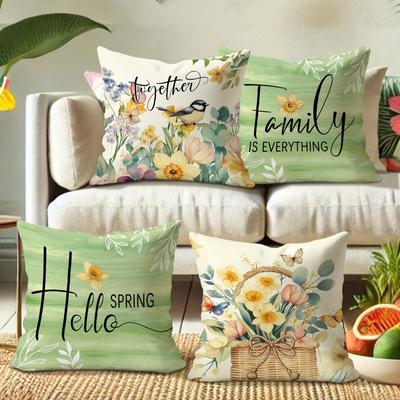 Hello Spring Light Green Pillow Case Floral Bird Print Pillowcase Living Room Sofa Cushion Cover Room Decoration