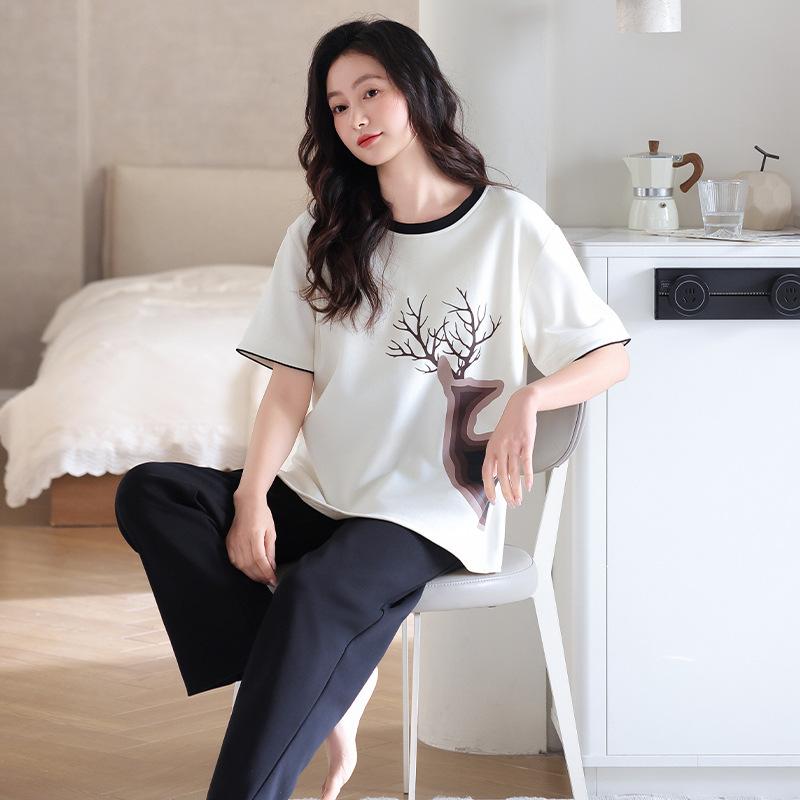 New Pure Cotton Pajamas Women's Spring and Summer Casual Fresh Short-sleeved Trousers Cool Cotton Can Be Worn Outside Loungewear Set