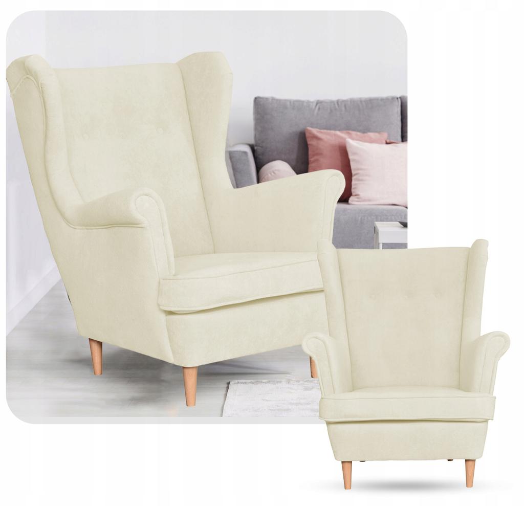 Wingback Armchair with Footrest Scandinavian Velvet Cream Light Hunter Family Furniture Beige