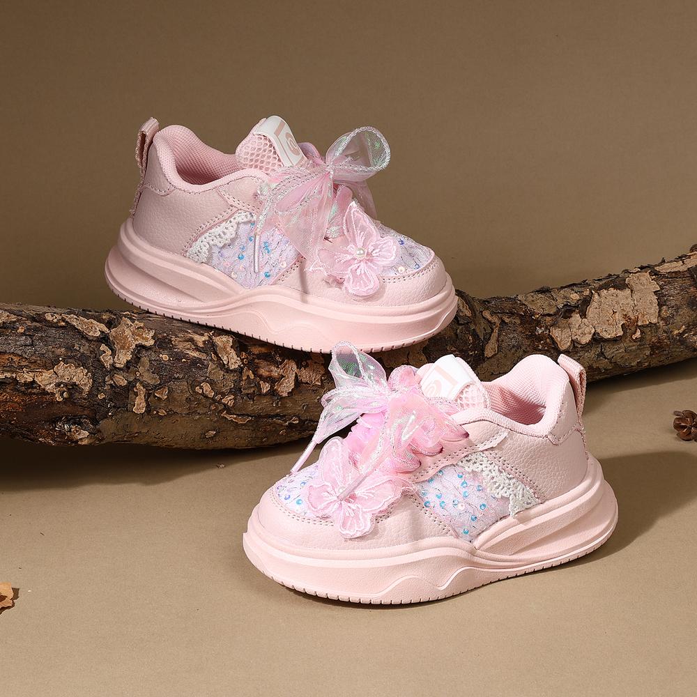 

New Spring Children Shoes For Girls Leather Cute Butterfly Lace Kids Outdoor Tennis Soft Sole Fashion Kids Sneakers 22(insole 14 cm) розовый