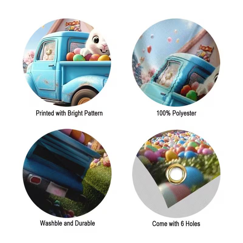 2D Easter Bunny Truck Backdrop Cloth Spring Cherry Blossom Village Outdoor Decor