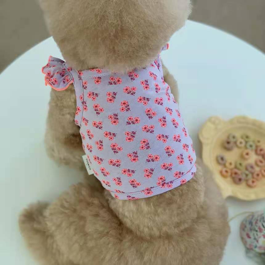 Carino Gilet Floreale per Animali Domestici Cane Gatto Manica Volante Bordo Arricciato a Fungo Fiori Piccoli Orsetto Primavera Estate Abbigliamento Forniture Vestiti per Cani
