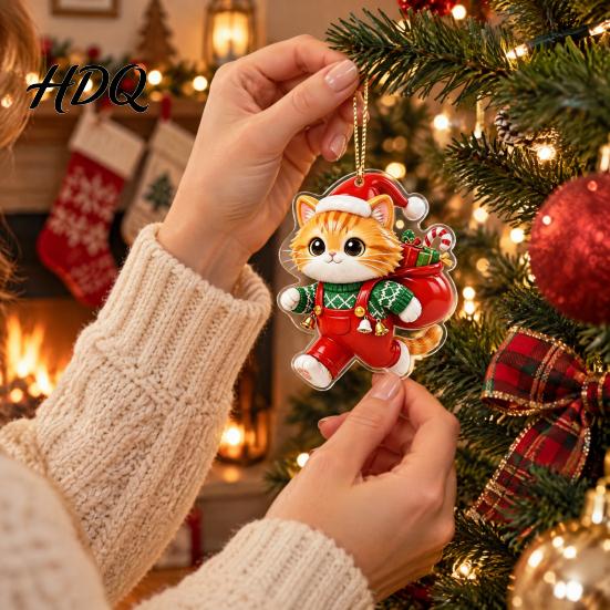 Acrylic Hanging Decor 2 Pcs Christmas Ornament Crystal Snowman Cat Santa Pattern Decoration Celebration Supplies Double Sided 2D Pendant for Holiday