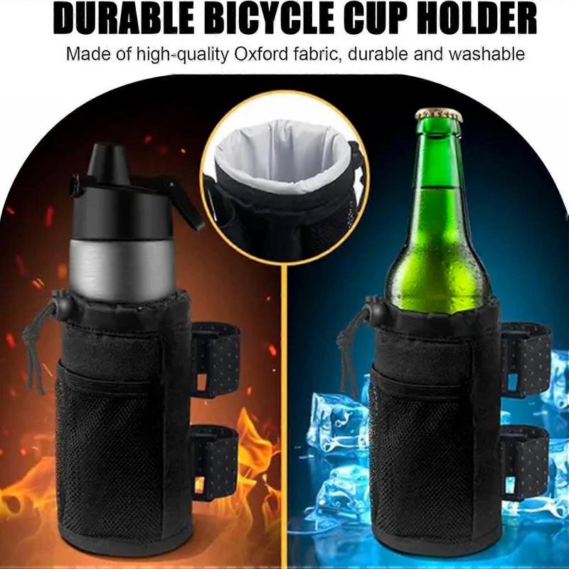 Bike Cup Holder with Mesh Pockets, Drawstring Waterproof Handlebar Drink Bottle Holder for Mountain Bike, Scooter, Folding, Road Bike, Wheelchair