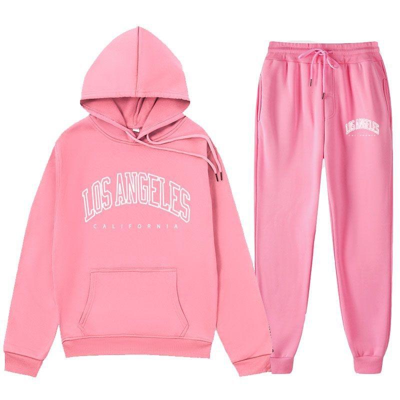 LOS Los Angeles Letter Printed Same Color And Pants Set For Men's Autumn/Winter With Velvet Hoodie