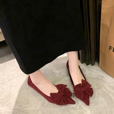 Damskie buty na cienkim obcasie, jesienne nowe, ze szpiczastym noskiem, z płytkim wycięciem, zamszowe, z kokardą motylkową, antypoślizgowe, niskie