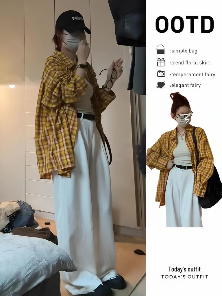 Women's Retro Yellow Striped Plaid Shirt Jacket, Sun Protection, Mid-Length Top for Spring and Autumn