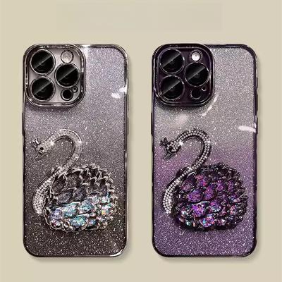 Glitter Pink Diamond Swan Suitable for Apple 16Pro Gradient Phone Case IPhone 15 Anti-fall Lens Film 14 Protection Case