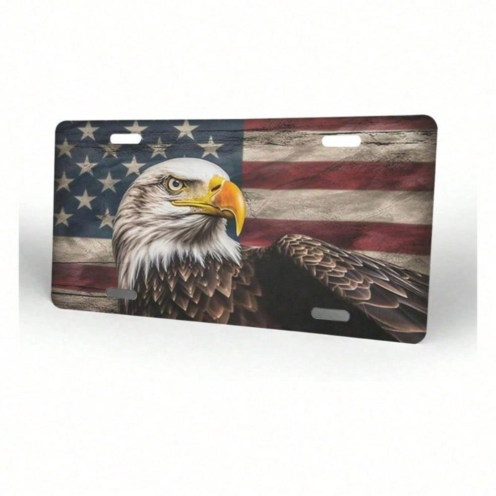 American Flag Eagle License Plate 12x6 Inch, Rust-Proof Stainless Steel Patriotic Car Tag, Decorative Front Vanity Plate With Sc