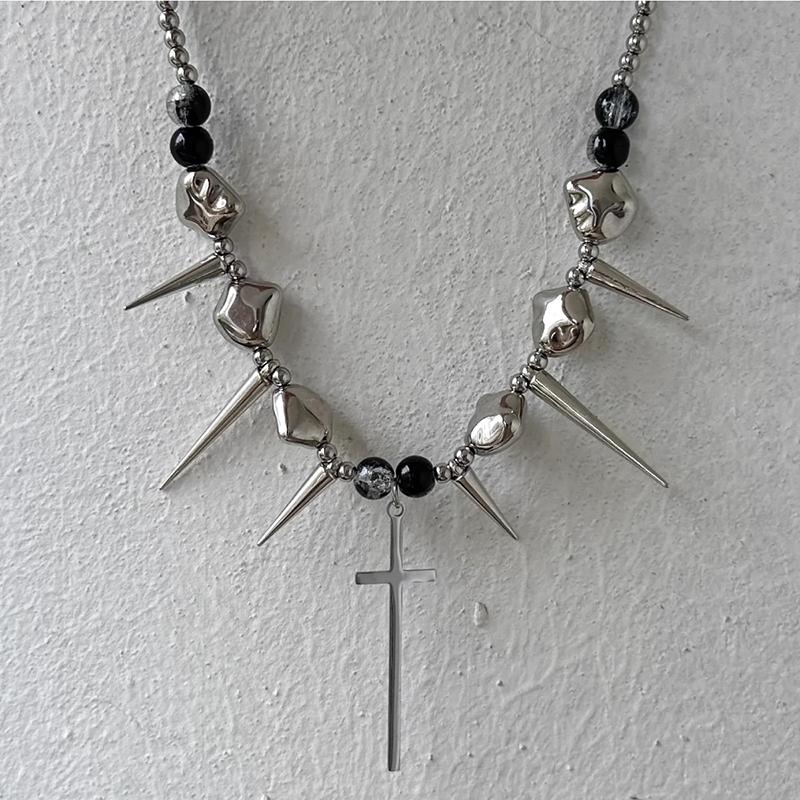 Retro Y2K Long Spike Rivet Necklace Stainless Steel Cross Hip Hop Necklace for Women Vintage Grunge Style Party Jewelry