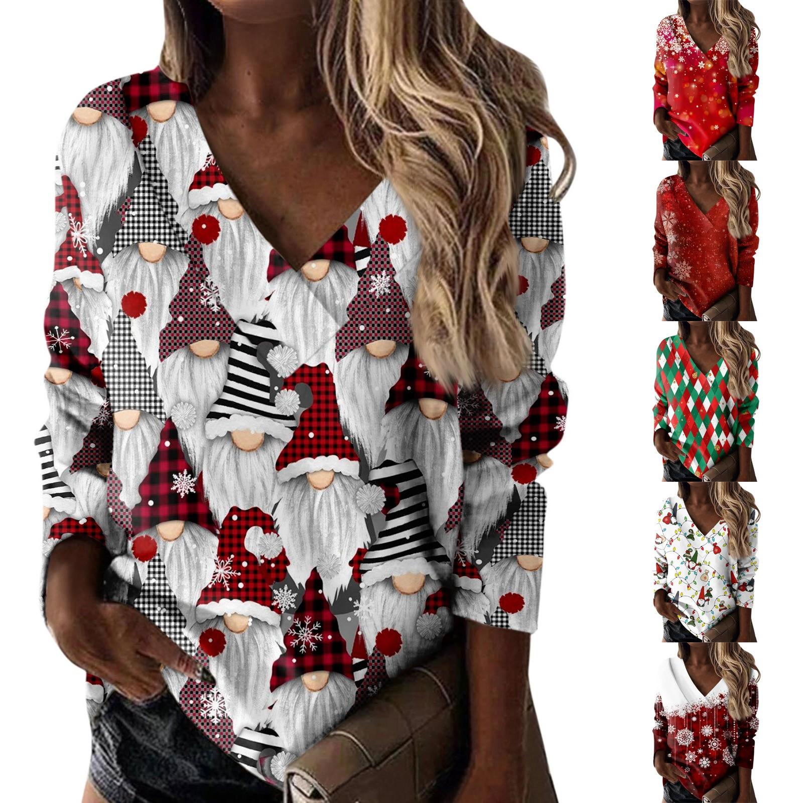 

Женская осенне-зимняя повседневная свободная футболка с v-образным вырезом и принтом, пуловер с длинными рукавами, топ