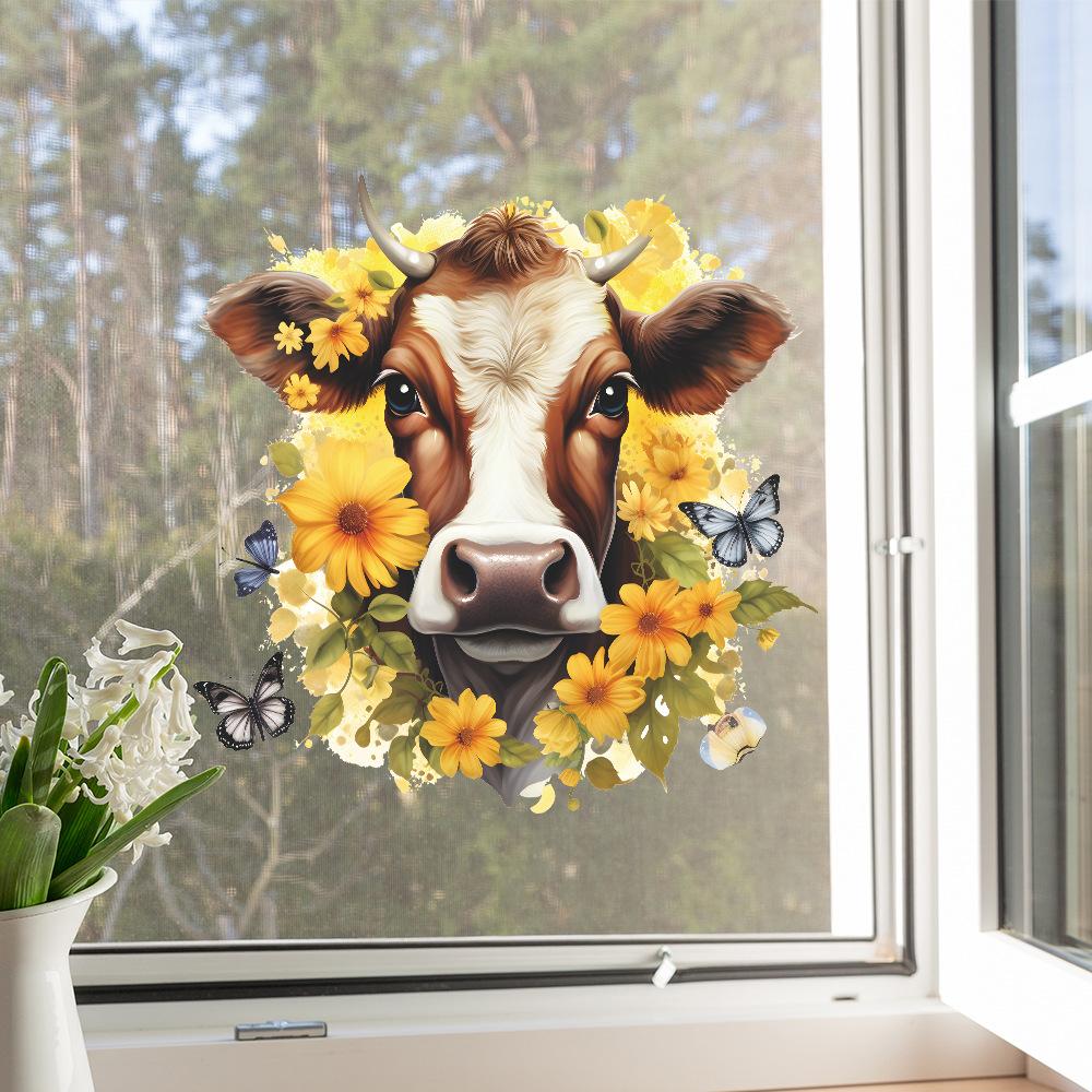 Kreskówkowa Żółta Krowa Kwiat Motyl Naklejka na Szklane Okno Upiększanie Domu Naklejka Ścienna Elektrostatyczna Uv