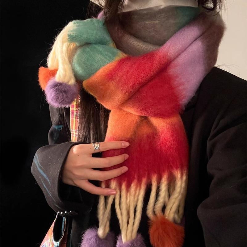 Autumn and winter dopamine striped scarf women's rainbow warm scarf pulling hair versatile fringed hairball scarf