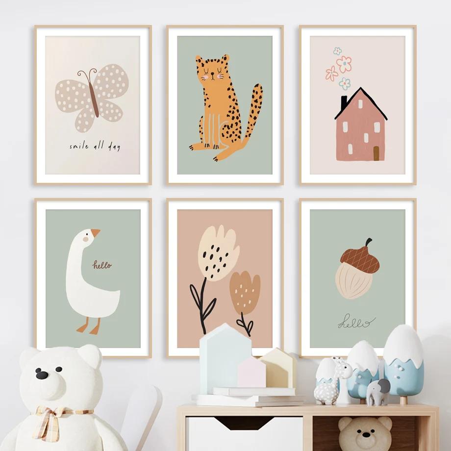 Kawaii Goose Leopard Bear Cherry Butterfly Wall Art Canvas Painting Nordic Posters And Prints Wall Pictures Baby Kids Room Decor