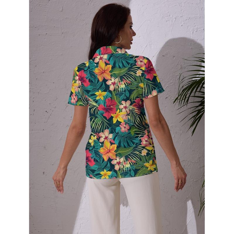 2026 New Women's Fashion Trendy Simple and Casual Hawaiian Floral and Botanical Print Short-Sleeve Shirt
