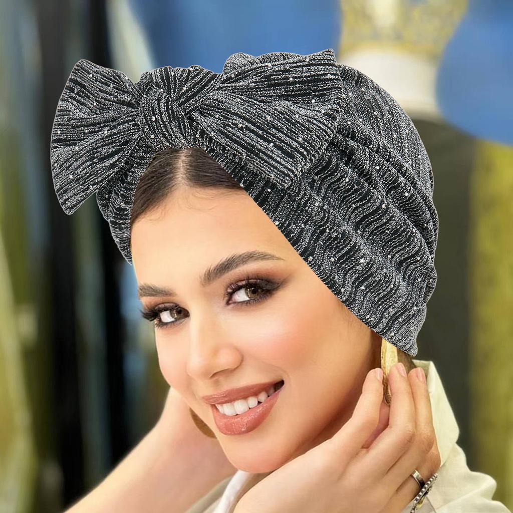 Shiny Silk Big Bow Turban Hat for Women Fashionable Headscarf with Sparkling Rhinestone Embellishments