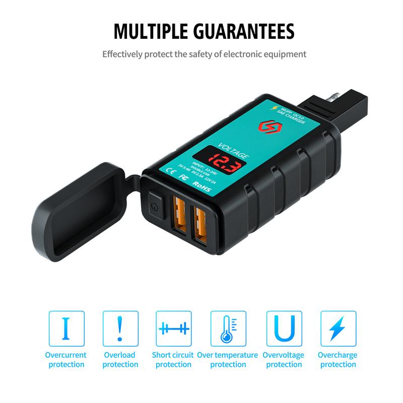 3.4A Motorcycle Fast Charging Dual USB Port Charger SAE To USB Type-C Voltmeter ON/Off Switch Waterproof Quick Disconnect Plug