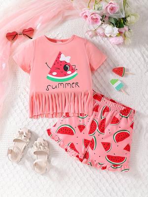 Girls Summer 2PCS Outfit Watermelon Letter Top Fringe Detail Full Print Shorts Set for 2-7 Years Old