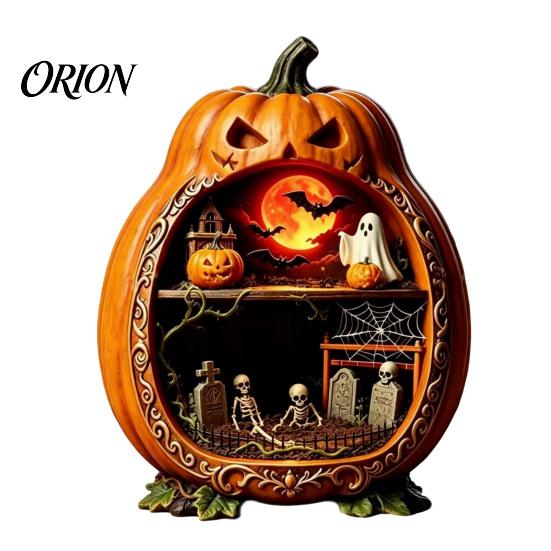 Detailed Halloween Scene Decor Centerpiece Pumpkin, Wooden Pumpkin Ornament with Miniature Scenes, Rustic Home Accents Skeleton for Farmhouse