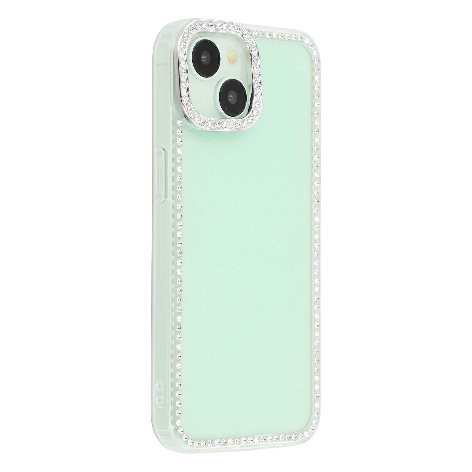 

For iPhone 15 Case Rhinestone Edge Glitter Back TPU + PC IMD Phone Cover B