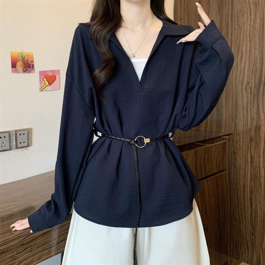 Korean-style V-neck Long-sleeve Shirt for Women, 2026 Spring and Autumn New Model, Versatile for Commuting, Faux Two-piece Top