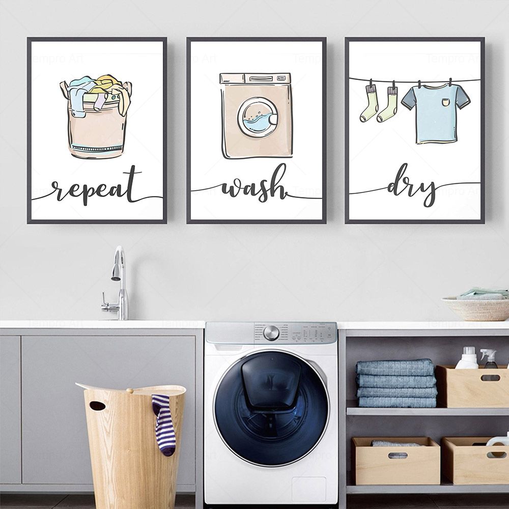 Panneau Décoration Buanderie En Bois - Plaque Murale LAUNDRY ROOM Avec Processus De Lavage