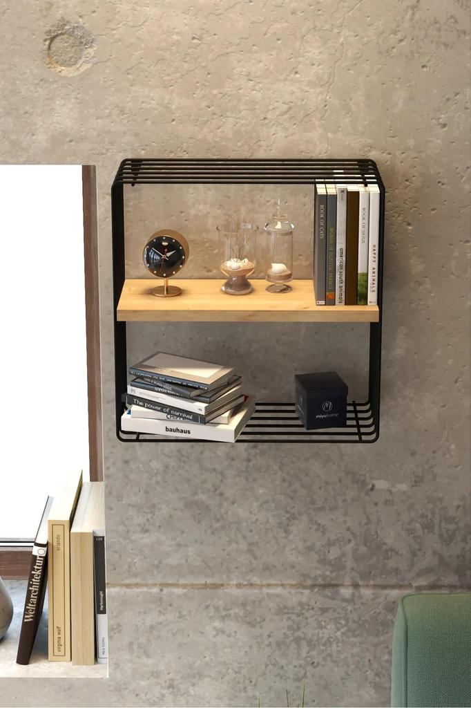 Modern Metal 3 Tiers Wall Shelf Decorative Bookcase with Wooden Shelf Metal Nightstand Home Storage and Organizer