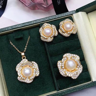 Elegant Peony Freshwater Pearl Necklace, Ring, & Earring Set