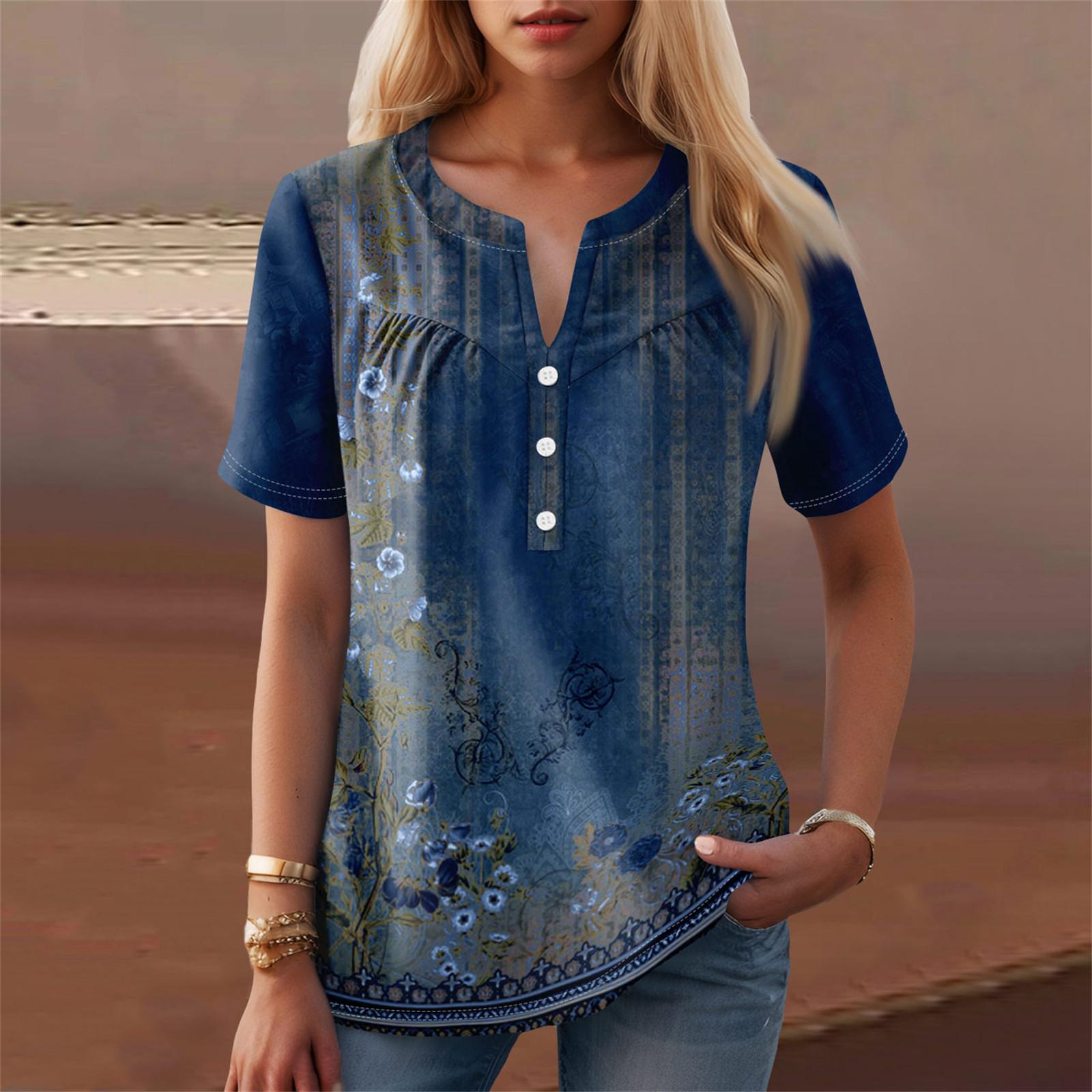 

Женская повседневная футболка с v-образным вырезом и коротким рукавом с цветочным принтом и декоративными пуговицами, топ L