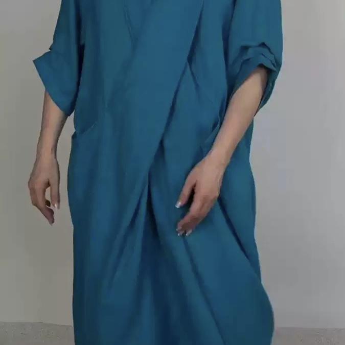 Spring Fall Maxi Dress Robe Baggy Cross V Neck Solid Color Large Pocket Retro A-line Bohemian