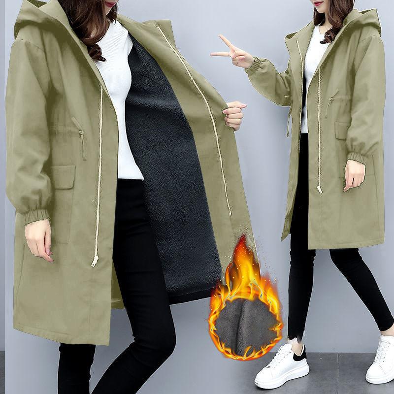 Trench Coats Women Autumn Winter Hooded Drawstring Pocket Zipper Long Outwear Plus Size Elegant Ladies Thicken Windbreaker Coats