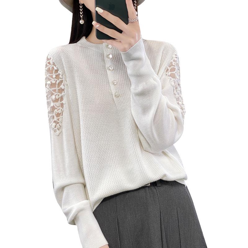 2023 Winter French Lace Mesh Button-Up Knit Top - Women's Trendy