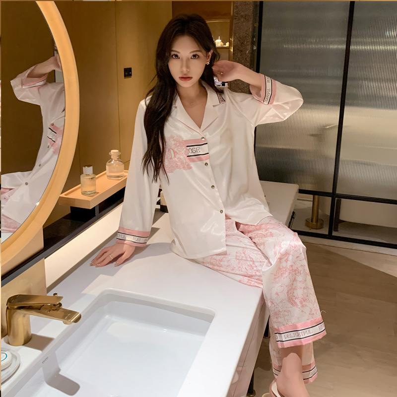 Sweet Temperament Ice Silk Pajamas Girls Home Clothes Ice Silk Pajamas Long-sleeved Trousers Suit Pajamas