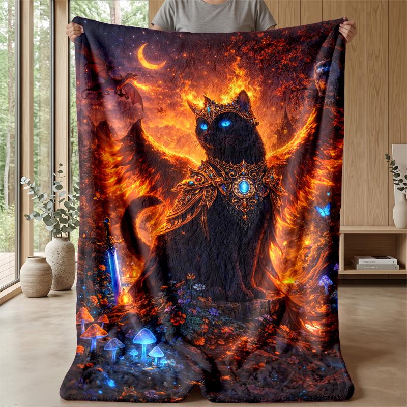 Mystic Flame Cat Guardian Theme Blanket Lightweight Warm Flannel Blanket Decorative Throw Blanket for Home Decoration