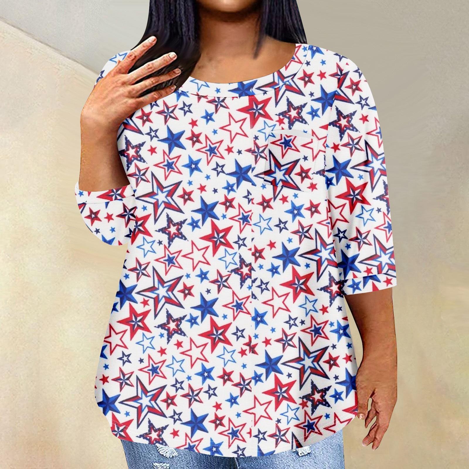 

Women s Fashionable Casual Three Quarter Sleeve Independence Day Printed Round Neck Pullover Pocket T-Shirt Top L синій