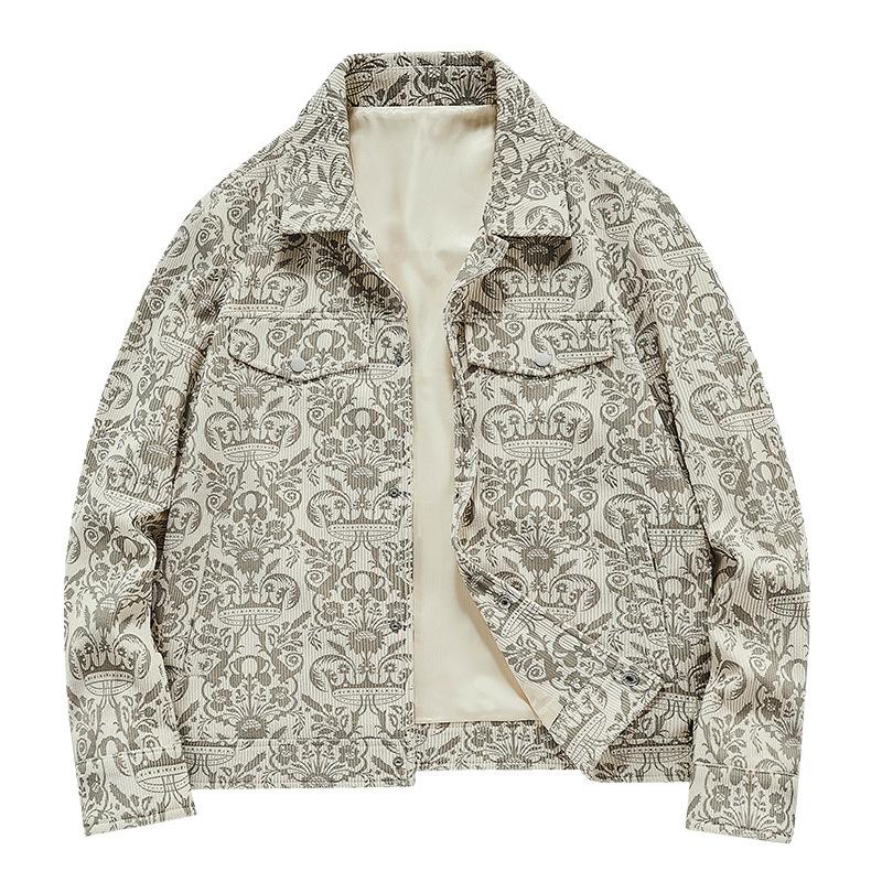 Herren Frühling und Herbst Kragenjacke Bedruckter Lockerer Cordmantel für Herren