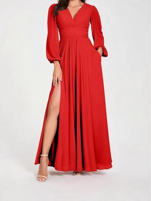 Vestido Elegante de Mujer Otoño/Invierno 2025 con Cuello en V, Abertura, Manga Larga y Plisados