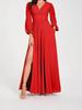 Autumn/Winter 2025 V-Neck Slit Long Sleeve Pleated Elegant Women's Dress