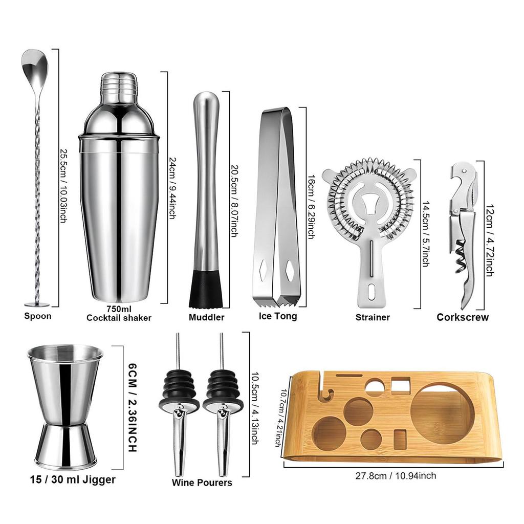 Bartender Barware Set: Wooden Cocktail Tools with Bamboo Storage Base and Stainless Steel Shaker