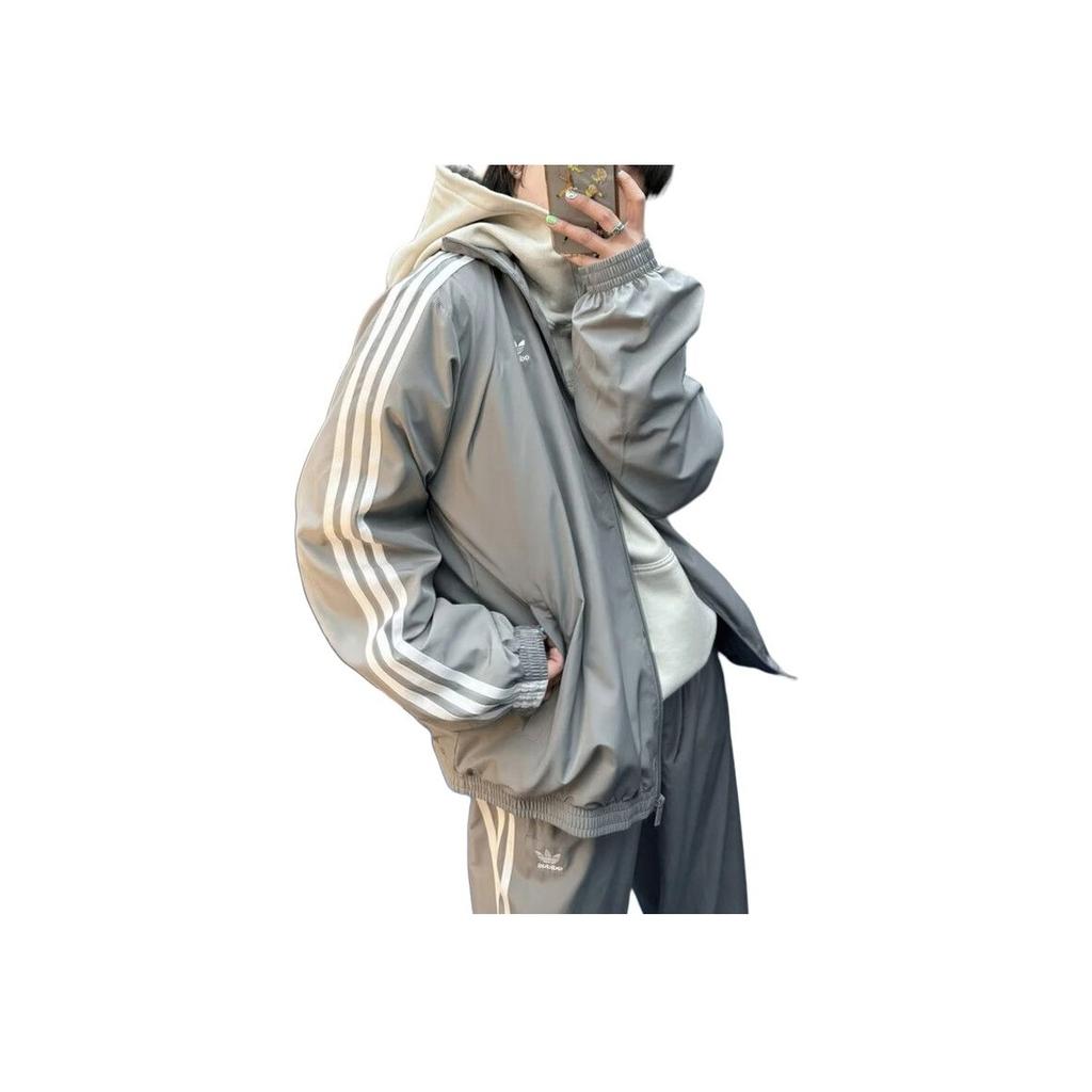 Adidas Originals Oversized Track Jacket With Stand Collar And Stripes Women Jacket Gray JD3394