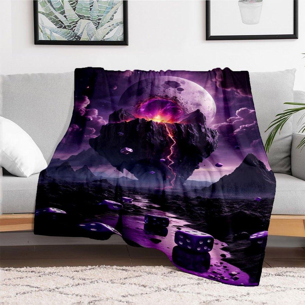 Purple Dice Fantasy Landscape Wall Art PrintBlanket Flannel Throw Blanket for Sofa, Bed, Travel, Camping, Office