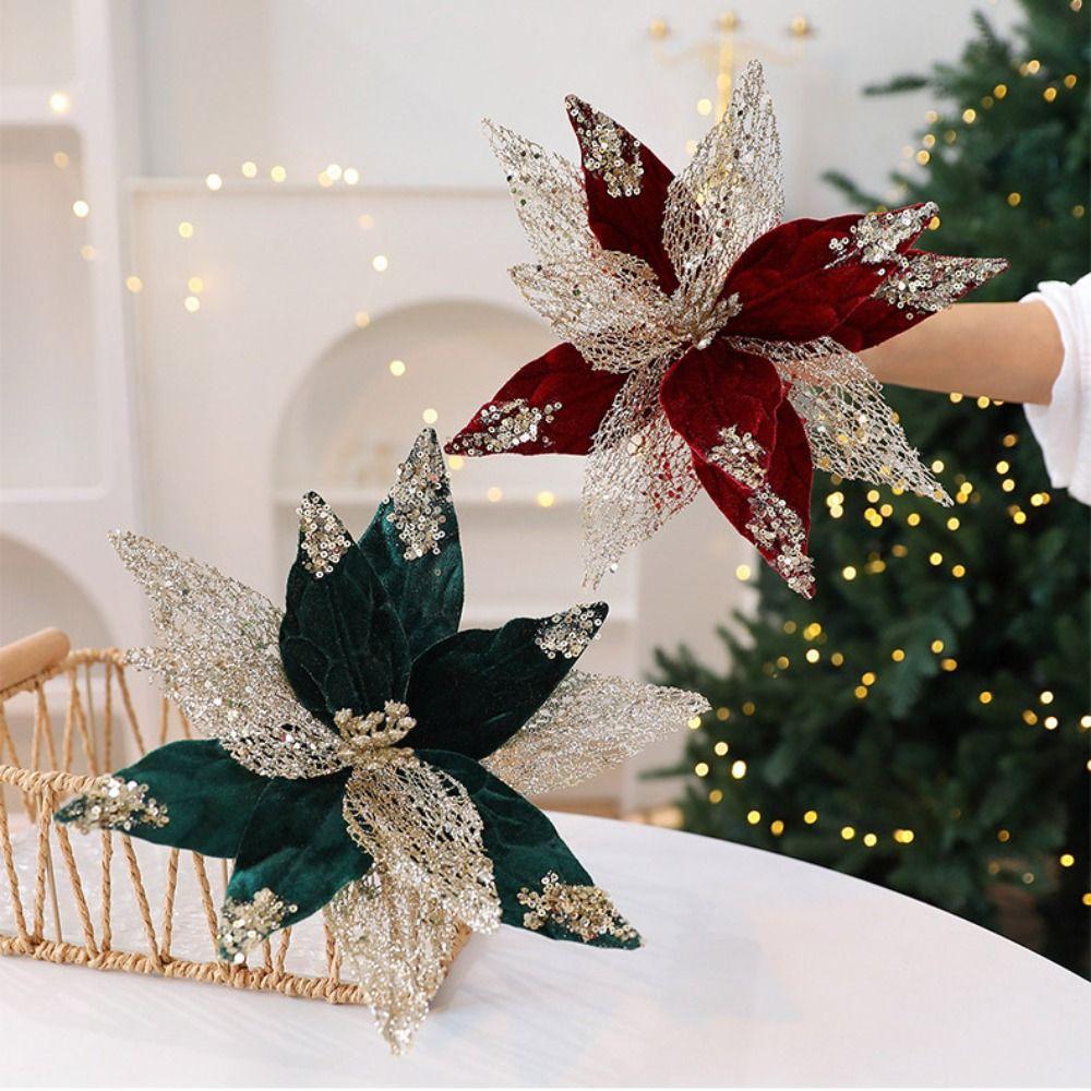 Flanellstoff Weihnachten Künstliche Blumen Kunststoff Glitzer Glitzer Fake Flower 29cm DIY Weihnachten Dekorationsblumen Weihnachtsdekoration