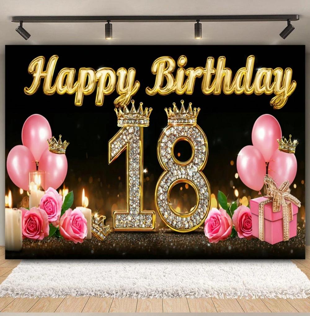 Black and Gold Balloon Gift Theme 18th Birthday Banner Backdrop Cloth Adult Gift Birthday Party Decoration Photography Backdrop