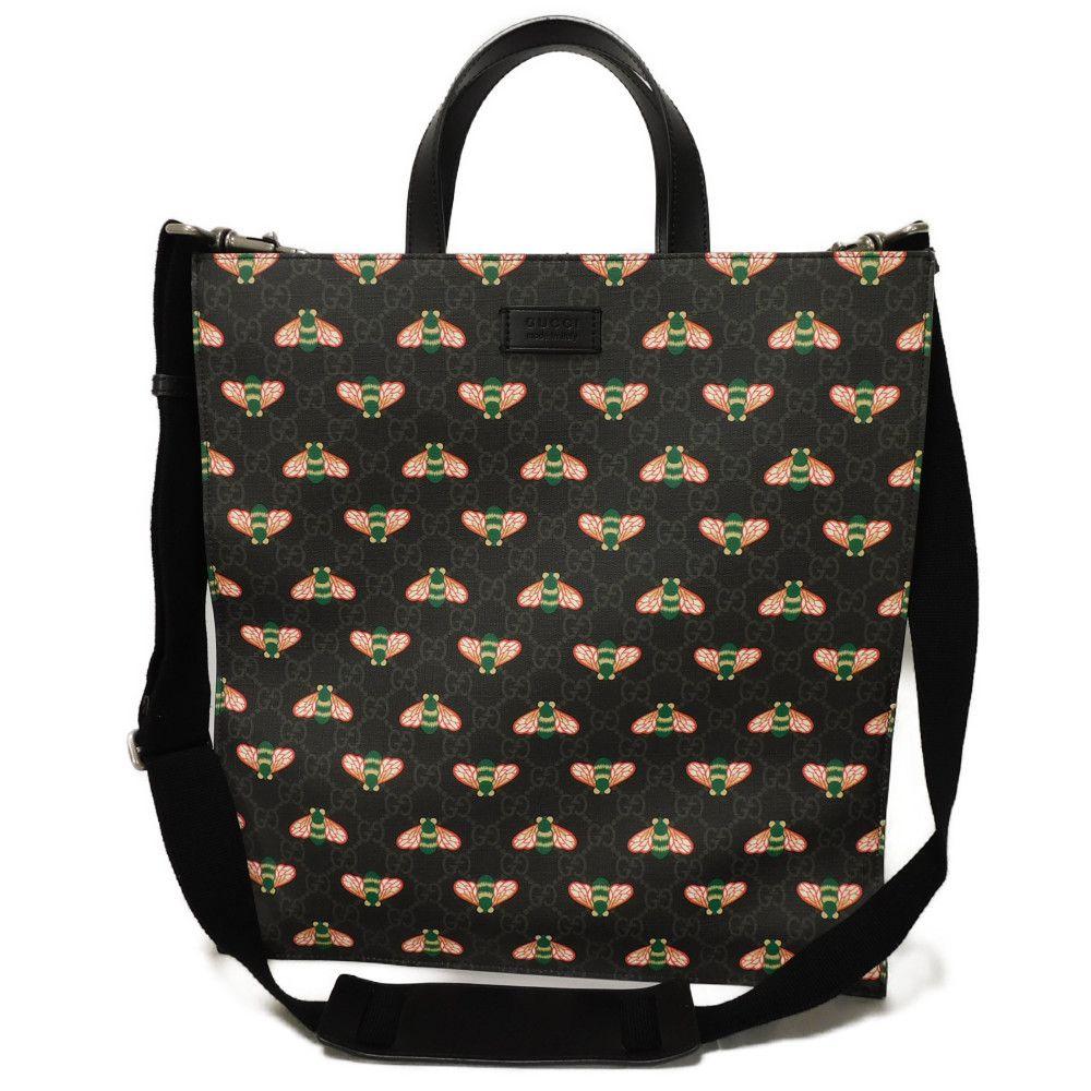 Used GG Supreme Bee Tote Bag In Black with Logo Embossed Calfskin Bee All-Over Print (Size 681298, UIEBN 1058, 7924)