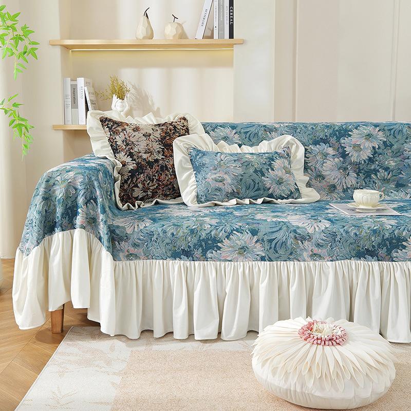 Sofa Towel Skirt Cream Breeze Anti Cat Scratch Sofa Cover Blue Floral Jacquard Thickened Sofa Cushion