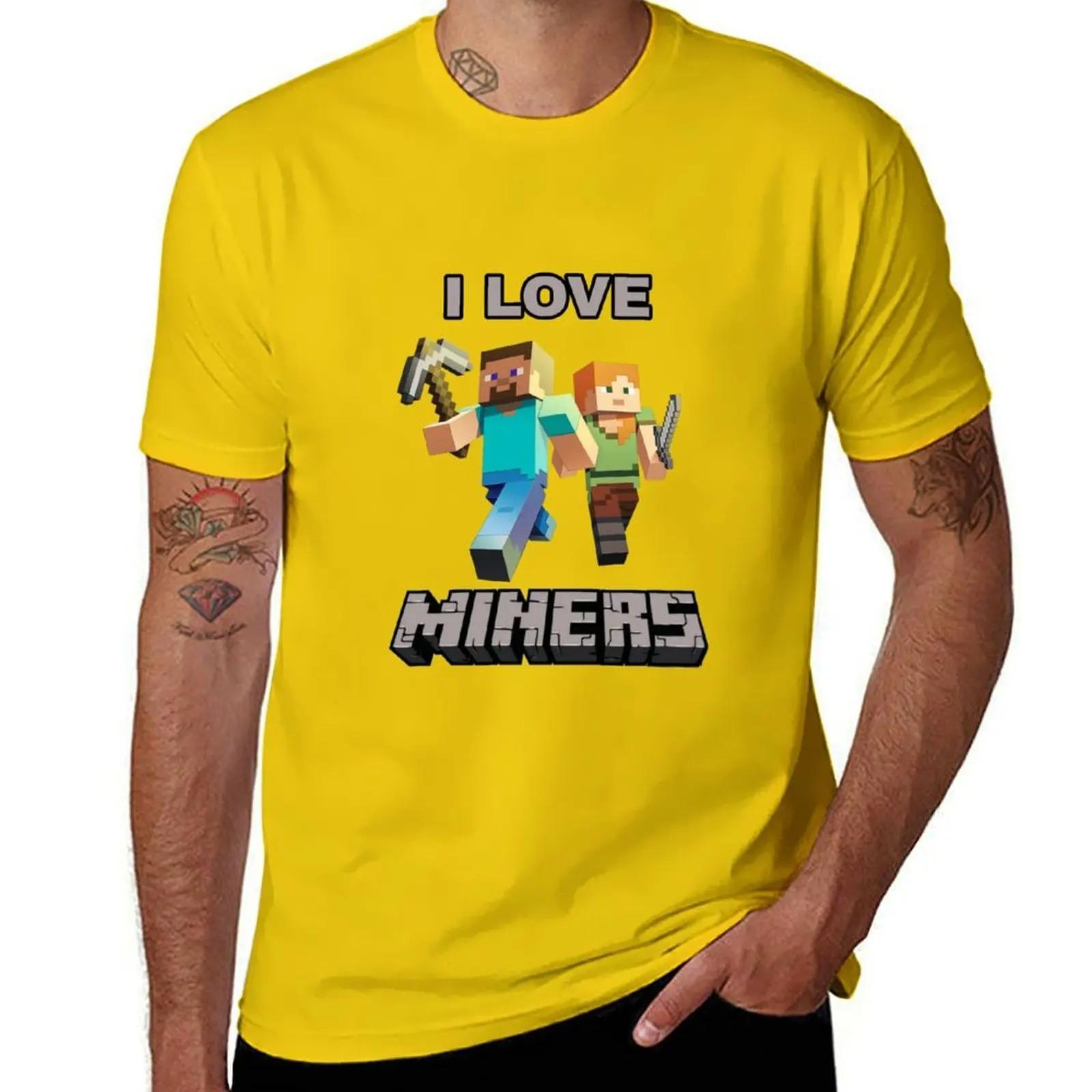 

Oversized Black Short-Sleeve T-Shirt Featuring Minecraft Steve & Alex I LOVE MINERS Funny Pixel Art Graphic Print for Sandbox Game Enthusiasts XXXL
