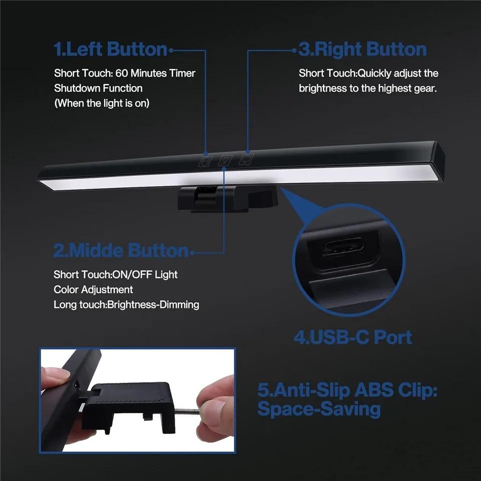 33cm LED Desk Lamp LED Computer PC Monitor Screen Light Bar Stepless Dimming Reading USB Powered Hanging Table Lamp